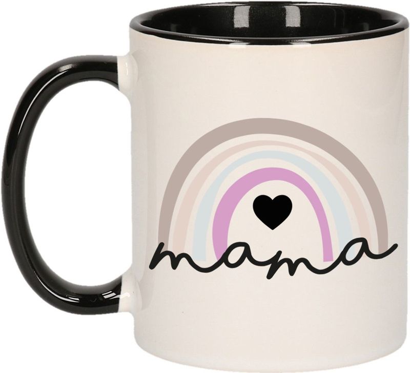 Bellatio Decorations Cadeau koffie/thee mok voor mama - zwart met regenboog - pastel - Moederdag