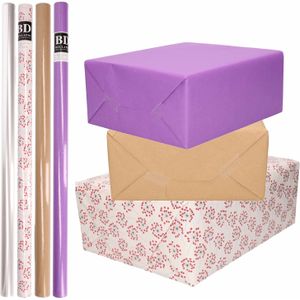 8x Rollen transparant folie/inpakpapier pakket - paars/bruin/wit met hartjes 200 x 70 cm