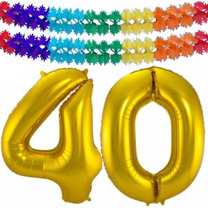 Leeftijd feestartikelen/versiering grote folie ballonnen 40 jaar goud 86 cm + slingers