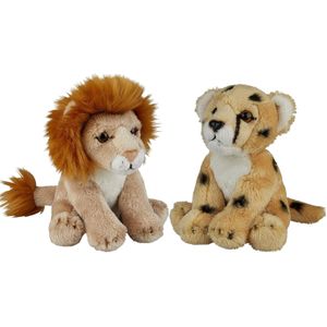 Safari dieren serie pluche knuffels 2x stuks - Cheetah en Leeuw van 15 cm