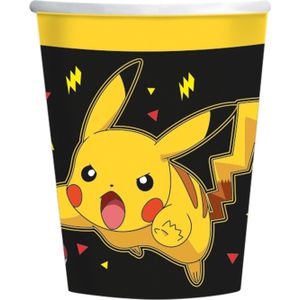 Amscan Pokemon themafeest drinkbekers - 8x - zwart/geel - karton - 237 ml