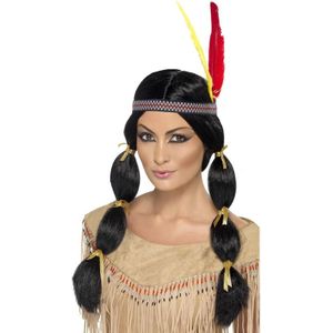 Indianen damespruik zwart met hoofdband