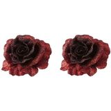 2x Kerstversieringen glitter roos rood op clip 10 cm