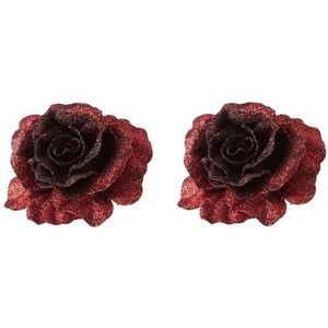 2x Kerstversieringen glitter roos rood op clip 10 cm