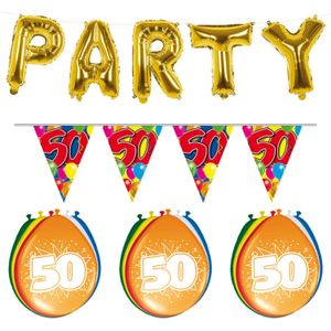 Verjaardag feestversiering 50 jaar PARTY letters en 16x ballonnen met 2x plastic vlaggetjes