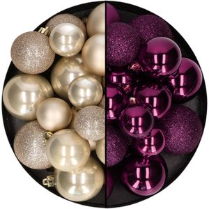 Kerstballen 60x stuks - mix paars/champagne - 4-5-6 cm - kunststof