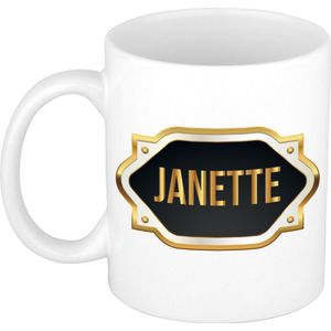 Janette naam / voornaam kado beker / mok met goudkleurig embleem