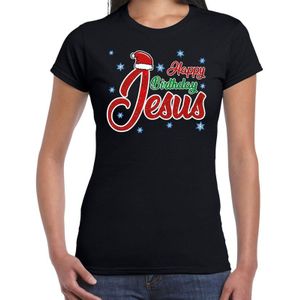 Zwart kerstshirt / kerstkleding Happy birthday Jesus voor dames