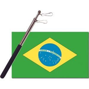 Landen vlag Brazilie - 90 x 150 cm - met compacte draagbare telescoop vlaggenstok - supporters