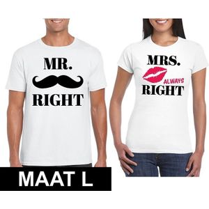 Bruiloft cadeau Mr. Right en Mr. Right Mrs. Always Right t-shirt wit dames en heren maat L