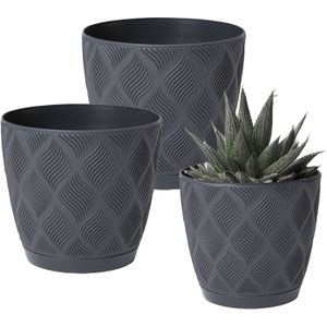 Form Plastic Plantenpot set New Age - 3x stuks - kunststof - antraciet - met schotel