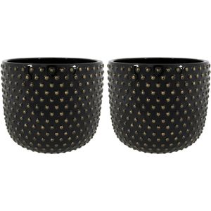 Ter Steege Plantenpot/bloempot Luxery Spike - 2x - keramiek - zwart - Bolletjes motief - D24 x H21 cm