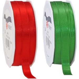 2x rollen satijn sierlint/cadeaulint - groen en rood - 1 cm x 25m p/rol