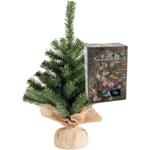 Kleine kunst kerstboom - H45 cm- incl. gekleurde kerstballen lichtsnoer