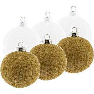 6x Wit/gouden Cotton Balls kerstballen decoratie 6,5 cm