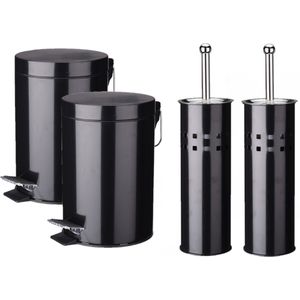 Set van 2x stuks badkamerset pedaalemmers 3L met bijpassende toiletborstels zwart RVS