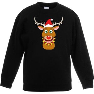 Kersttrui rendier Rudolf met rode muts zwart voor jongens en meisjes