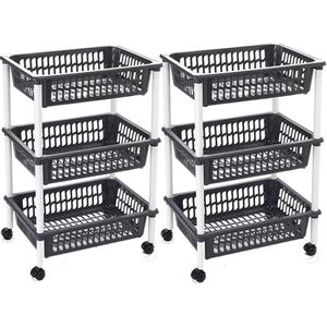 Set van 2x stuks zwarte opberg trolleys/roltafels met 3 manden 62 cm - Etagewagentje/karretje met opbergkratten