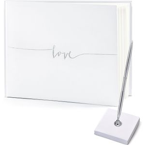 Gastenboek/receptieboek met luxe pen in houder - Bruiloft - wit/zilver - 24 x 18,5 cm