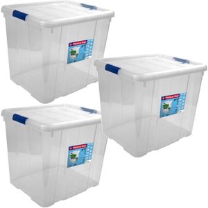 3x Opbergboxen/opbergdozen met deksel 35 liter kunststof transparant/blauw - 42 x 35 x 35 cm - Opbergbakken