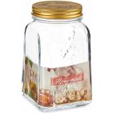 Pasabahce Voorraadpot/bewaarpot Square - 4x - glas - 1L - transparant/goud - D10 x H17 cm - voedsel bewaren