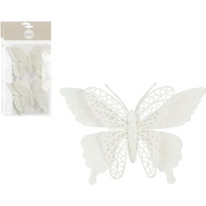 House of Seasons kerst vlinders op clip - 4x st - wit glitter - 16 cm