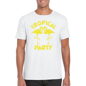 Bellatio Decorations Tropical party T-shirt heren - met glitters - wit/geel - carnaval/themafeest
