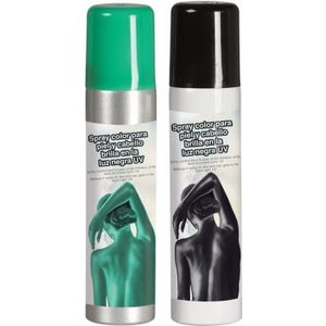 Guirca Haarspray/bodypaint spray - 2x kleuren - groen en zwart - 75 ml