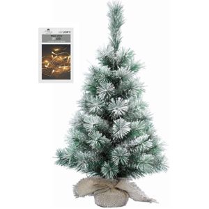 Kunst kerstboom met sneeuw 35 cm in jute zak inclusief 20 warm witte lampjes