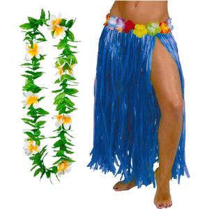 Hawaii verkleed rokje en bloemenkrans - volwassenen - blauw - tropisch themafeest - hoela