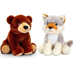 Pluche knuffels combi-set dieren wolf en bruine beer 25 cm