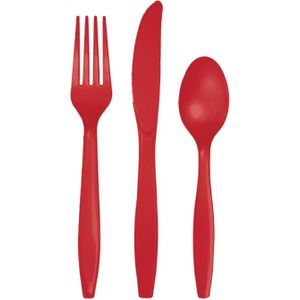 Kunststof bestek party/bbq setje - 24x delig - rood - messen/vorken/lepels - herbruikbaar