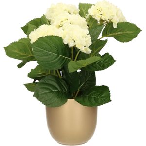 Hortensia kunstplant/kunstbloemen 36 cm - wit - in pot goud glans