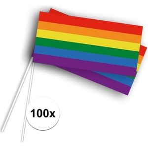 100x Zwaaivlaggetjes met regenboog 100 stuks