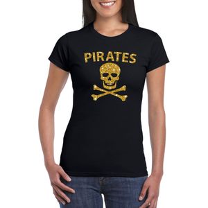 Carnaval foute party piraten t-shirt / kostuum zwart dames met gouden glitter bedrukking