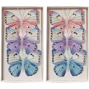 Decoris decoratie vlinders op clip - 6x - ijsblauw - 12 x 8 cm