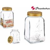 Pasabahce Voorraadpot/bewaarpot Square - 3x - glas - 1L - transparant/goud - D10 x H17 cm - voedsel bewaren