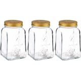 Pasabahce Voorraadpot/bewaarpot Square - 3x - glas - 1L - transparant/goud - D10 x H17 cm - voedsel bewaren