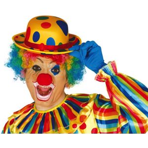 Clown verkleed set gekleurde pruik met bolhoed geel met stippen
