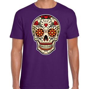 Bellatio Decorations Sugar Skull t-shirt heren - paars - Day of the Dead - punk/rock/tattoo thema