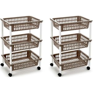 2x stuks opberg trolley/roltafel/organizer met 3 manden 40 x 30 x 61,5 cm wit/taupe