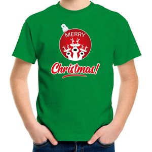 Groen Kerst shirt / Kerstkleding Merry Christmas voor kinderen met rendier kerstbal