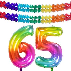 Leeftijd feestartikelen/versiering grote folie ballonnen 65 jaar glimmend multi-kleuren 86 cm + slingers