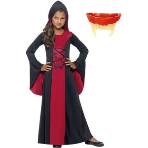 Vampier jurk rood/zwart maat L voor meiden inclusief gebit