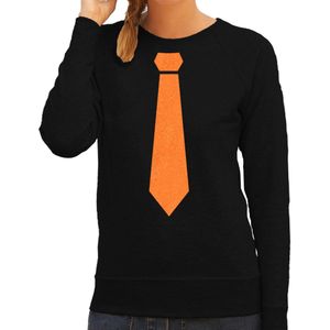Bellatio Decorations Koningsdag sweater dames - stropdas - zwart - glitters - oranje feestkleding