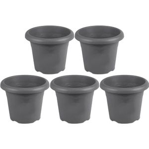 5x Rond grijs plantenbakje/bloemenbakje/bloempotje Flori 14 cm kunststof/plastic