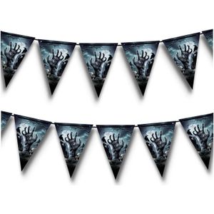 Halloween/Horror thema vlaggenlijn - 2x - kerkhof - kunststof - 400 cm - vlaggetjes versiering
