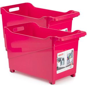 Set van 2x stuks kunststof trolleys fuchsia roze op wieltjes L45 x B24 x H27 cm - Voorraad/opberg boxen/bakken