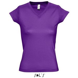 Dames t-shirt  V-hals paars 100% katoen slimfit