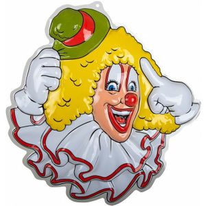 Carnaval/party decoratie bord - Clown hoofd - wand/muur versiering - 50 x 50 cm - plastic